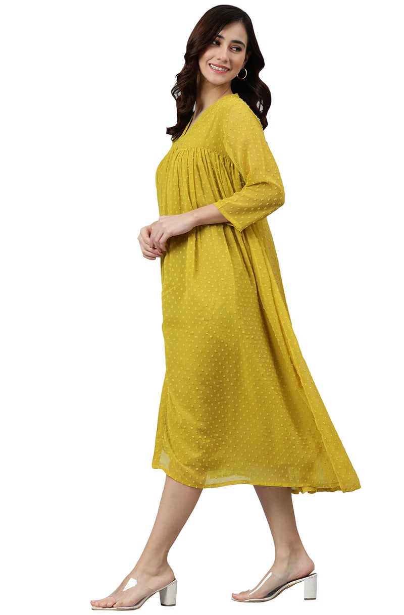 Janasya Women's Mustard Poly Chiffon Self Design Frontslit Dress - Image 3