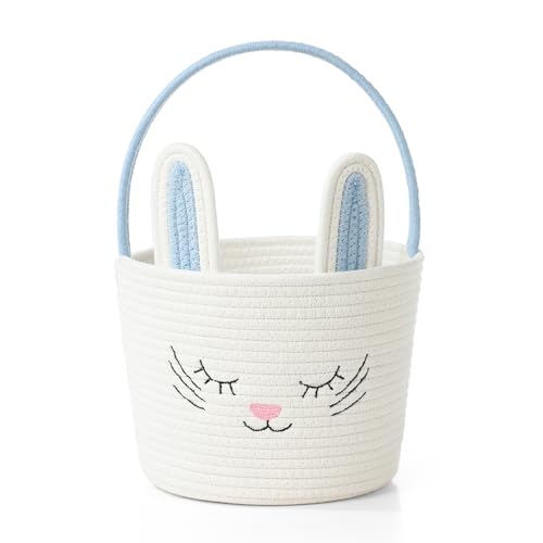 YMhoart Easter Basket with Handle Woven Baby Gifts Empty Bunny Basket For Girls Boys Kids Gift Baby Shower Wedding Flower (White/Blue) - Image 1