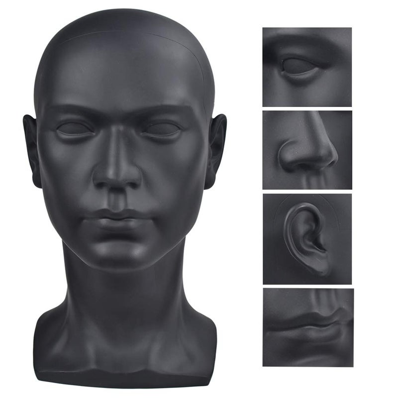 Ba Sha PVC Mannequin Head Black Male Manikin Dummy Stand Model Display Hat Scarf Wigs Hair Glasses Hat Beauty Styling Tool with Mount Hole - Image 1