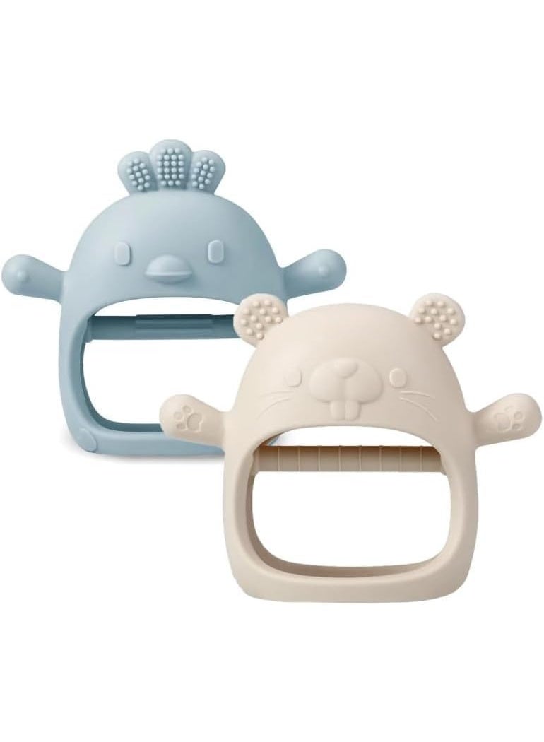 ATRJSZ 2 Pack Silicone Baby Teething Mittens, Hand Teether Gloves for 3+ Months, BPA-Free Silicone, Anti-Drop Teether for Gum Relief (White/Blue) - Image 1