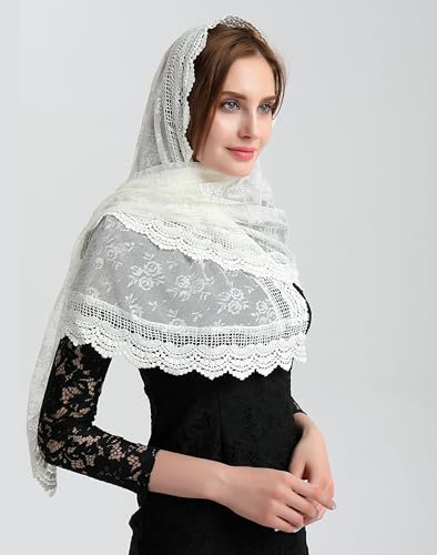 Leimandy Soft Scarf Mantilla Veil Ivory Church Veil Soft Lace Catholic Chapel Latin Mass V31 (Ivory) - Image 4