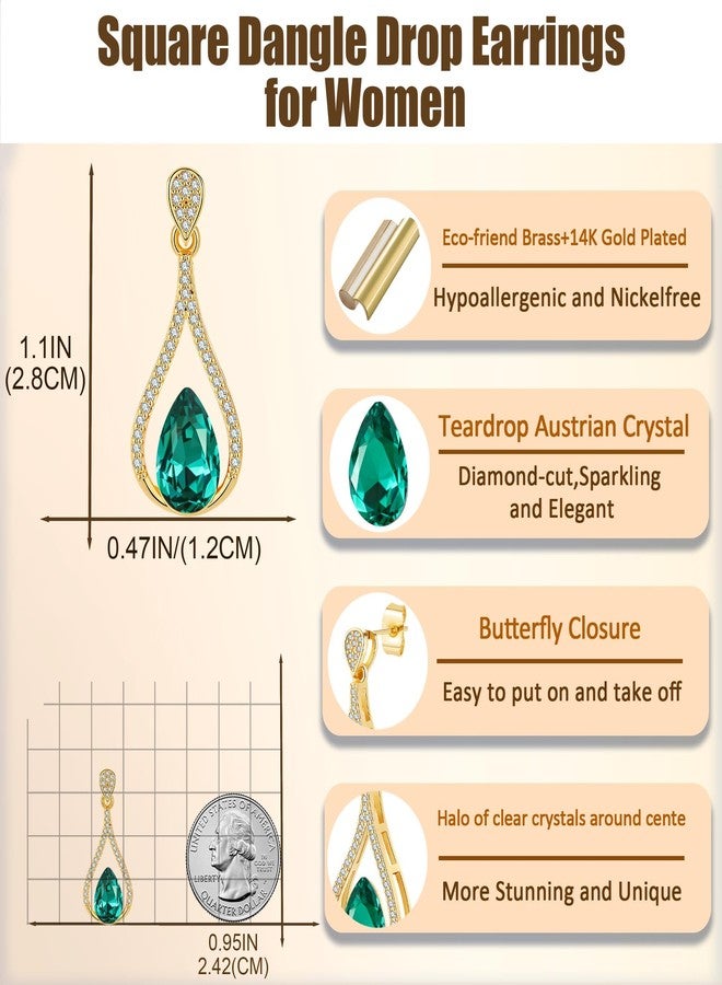EVEVIC Austrian Crystal Halo Teardrop Hollow Drop Stud Earrings for Women 14K Rose Gold Plated Hypoallergenic Jewelry (Emerald) - Image 5
