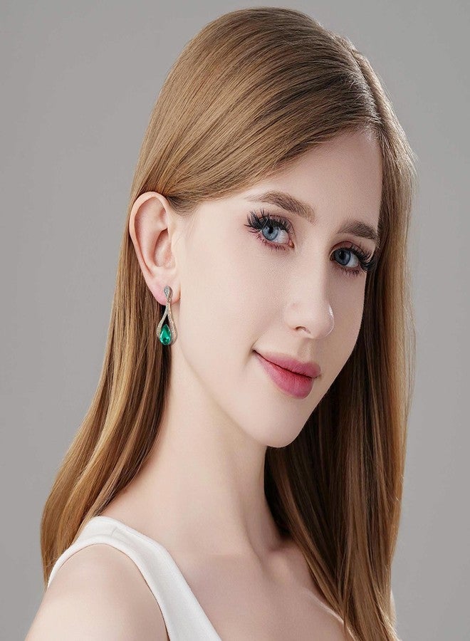 EVEVIC Austrian Crystal Halo Teardrop Hollow Drop Stud Earrings for Women 14K Rose Gold Plated Hypoallergenic Jewelry (Emerald) - Image 3