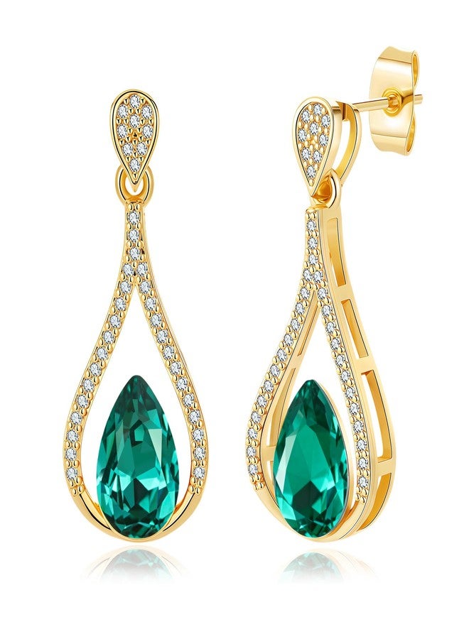 EVEVIC Austrian Crystal Halo Teardrop Hollow Drop Stud Earrings for Women 14K Rose Gold Plated Hypoallergenic Jewelry (Emerald) - Image 1