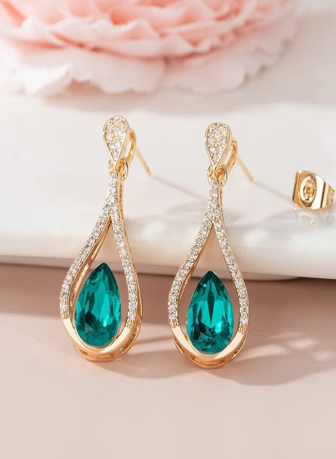 EVEVIC Austrian Crystal Halo Teardrop Hollow Drop Stud Earrings for Women 14K Rose Gold Plated Hypoallergenic Jewelry (Emerald) - Image 4