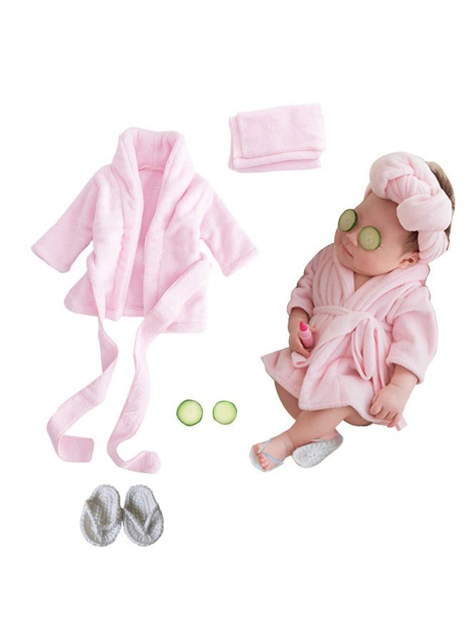 SPOKKI Newborn Photography Props Baby Girl 5 PCS Bathrobes Bath Towel Outfit with Slippers Cucumber Photo Props for Infant Boys Girls(0-6 Months) (Pink) - Image 1