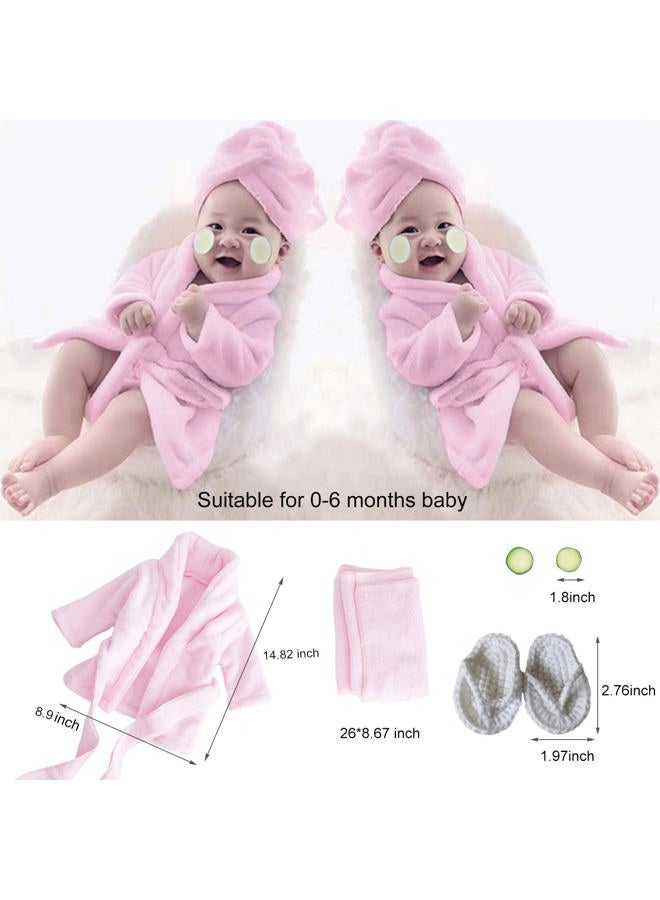 SPOKKI Newborn Photography Props Baby Girl 5 PCS Bathrobes Bath Towel Outfit with Slippers Cucumber Photo Props for Infant Boys Girls(0-6 Months) (Pink) - Image 2