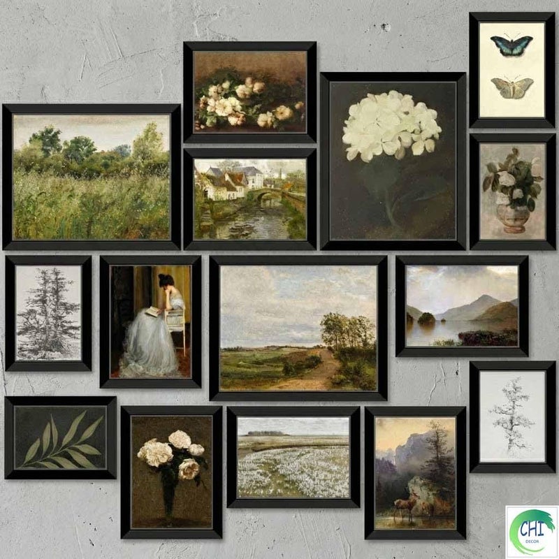 LANCHI95 15 Pcs Vintage Wall Art Decor Framed Vintage Posters for Room Vintage Art Prints Moody gallery wall art Wall Print for Bedroom Moody Wall Decor French Country Decor FRAMED