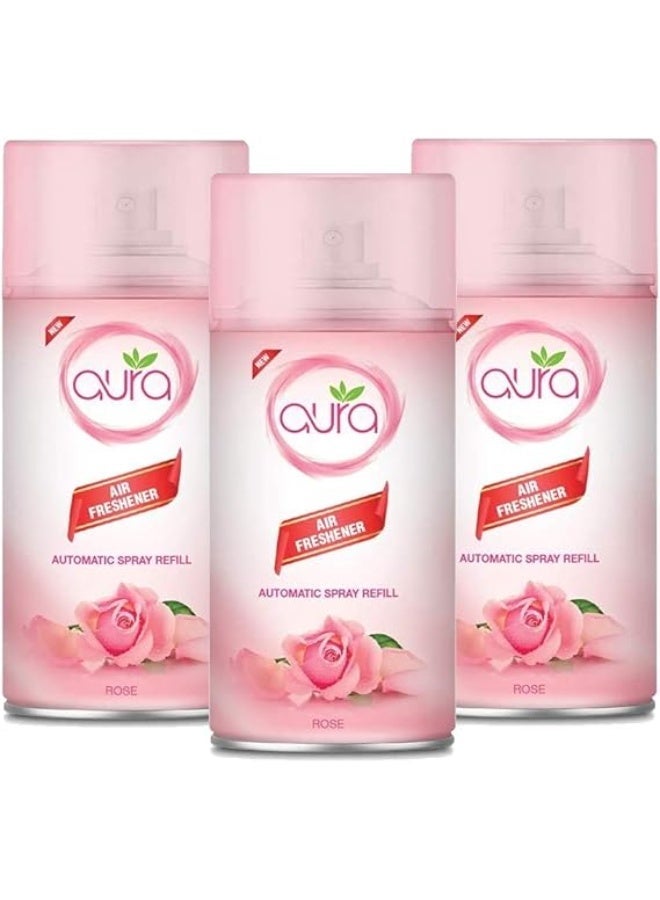 Aura Air Freshner Refill Automatic Spray-Rose Scent Fragrance- Pack of 3x 250ml long lasting fragrances Designed to mask and remove unpleasant odours and refresh the air-Easy to Use-Room Freshener Refill Spray-Air freshener for Dispensers-Air fresher refill spray for home,office,kitchen,bathroom - Image 1