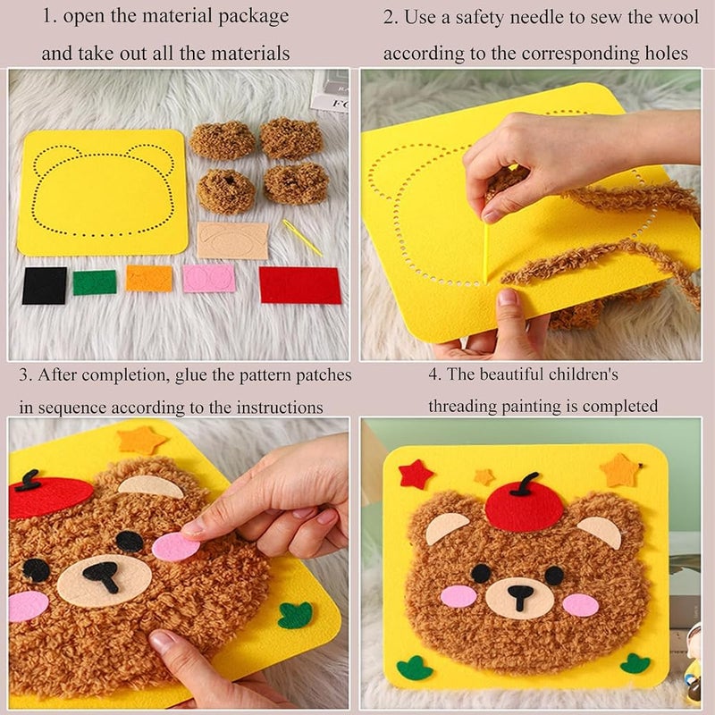 Tazweeq DIY Embroidery Doll Set for Kids, Sewing Arts and Crafts Kit, Easy to Do Cartoon Animal Sewing Projects Yarn Board, Felt Animals Stickers Hands On Activities (4 Packs) - Image 5