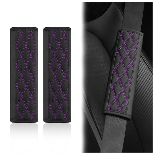 wedfish 2PCS Car Seat Belt Cover PadsLeather Seatbelt Covers Protect Shoulder and Neck Car Accessories InteriorUniversal Car Seat Strap Pads Car Decorations for Most Cars Trucks BlackPurple - Image 1