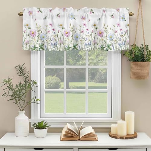 YOKOU Curtain Valance, Wildflowers Spring Watercolor Flower Floral Print Plants Short Rod Pocket Window Treatment for Living Room, Bedroom, Kitchen, Bathroom, 1 Panel, 54" W x 18" L - Image 3