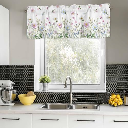 YOKOU Curtain Valance, Wildflowers Spring Watercolor Flower Floral Print Plants Short Rod Pocket Window Treatment for Living Room, Bedroom, Kitchen, Bathroom, 1 Panel, 54" W x 18" L - Image 2