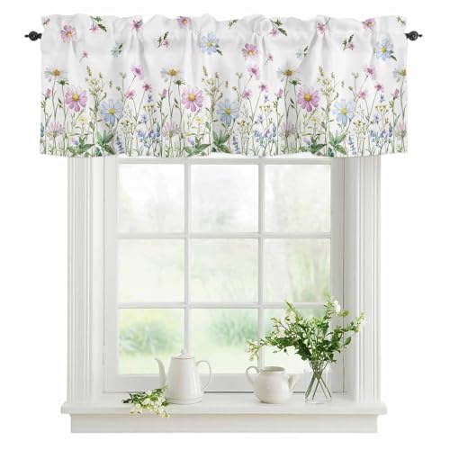 YOKOU Curtain Valance, Wildflowers Spring Watercolor Flower Floral Print Plants Short Rod Pocket Window Treatment for Living Room, Bedroom, Kitchen, Bathroom, 1 Panel, 54" W x 18" L - Image 1