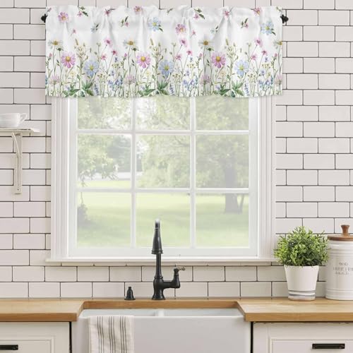 YOKOU Curtain Valance, Wildflowers Spring Watercolor Flower Floral Print Plants Short Rod Pocket Window Treatment for Living Room, Bedroom, Kitchen, Bathroom, 1 Panel, 54" W x 18" L - Image 4