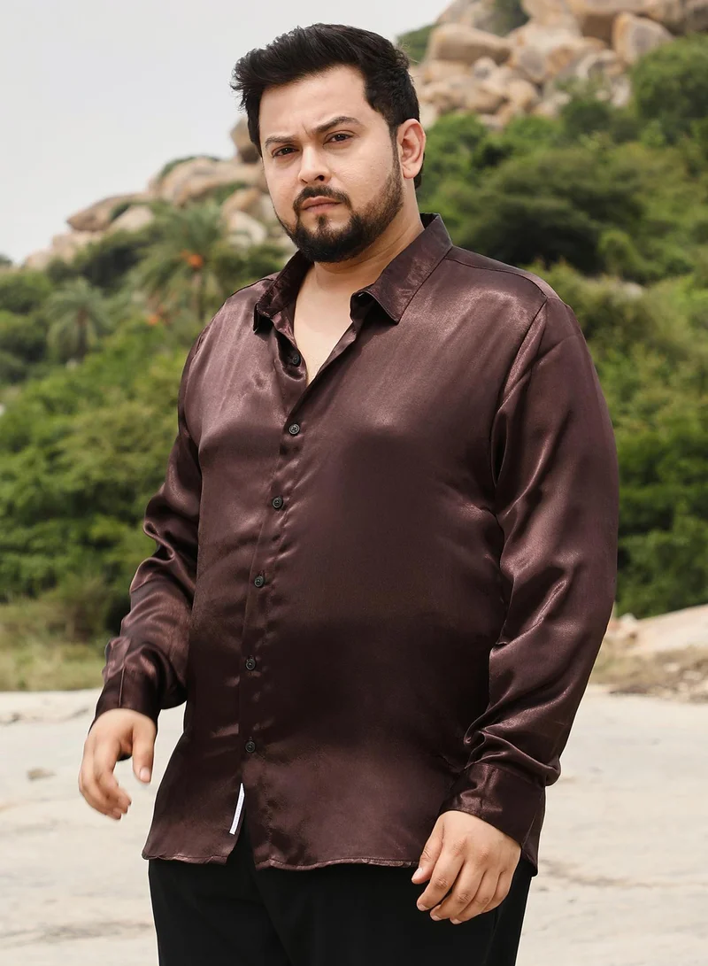 Instafab Plus  Instafab Men's Coffee Brown Gleaming Crushed-Satin Shirt | Spread Collar , Long Cuffed Sleeves , Button Closure | Solid Crushed Satin | Satin Shirt For Party Wear for Men | Best Price UAE