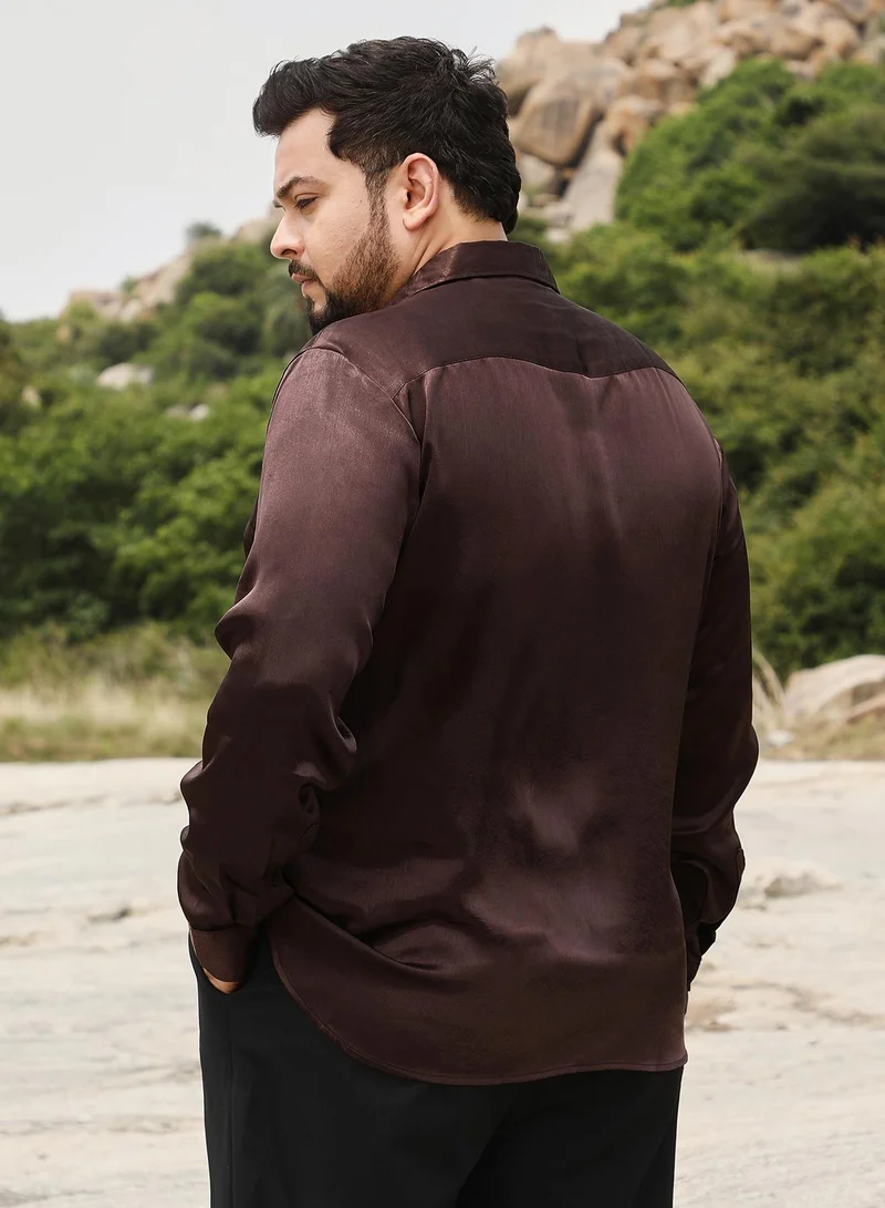 Instafab Plus  Instafab Men's Coffee Brown Gleaming Crushed-Satin Shirt | Spread Collar , Long Cuffed Sleeves , Button Closure | Solid Crushed Satin | Satin Shirt For Party Wear for Men | Best Price UAE