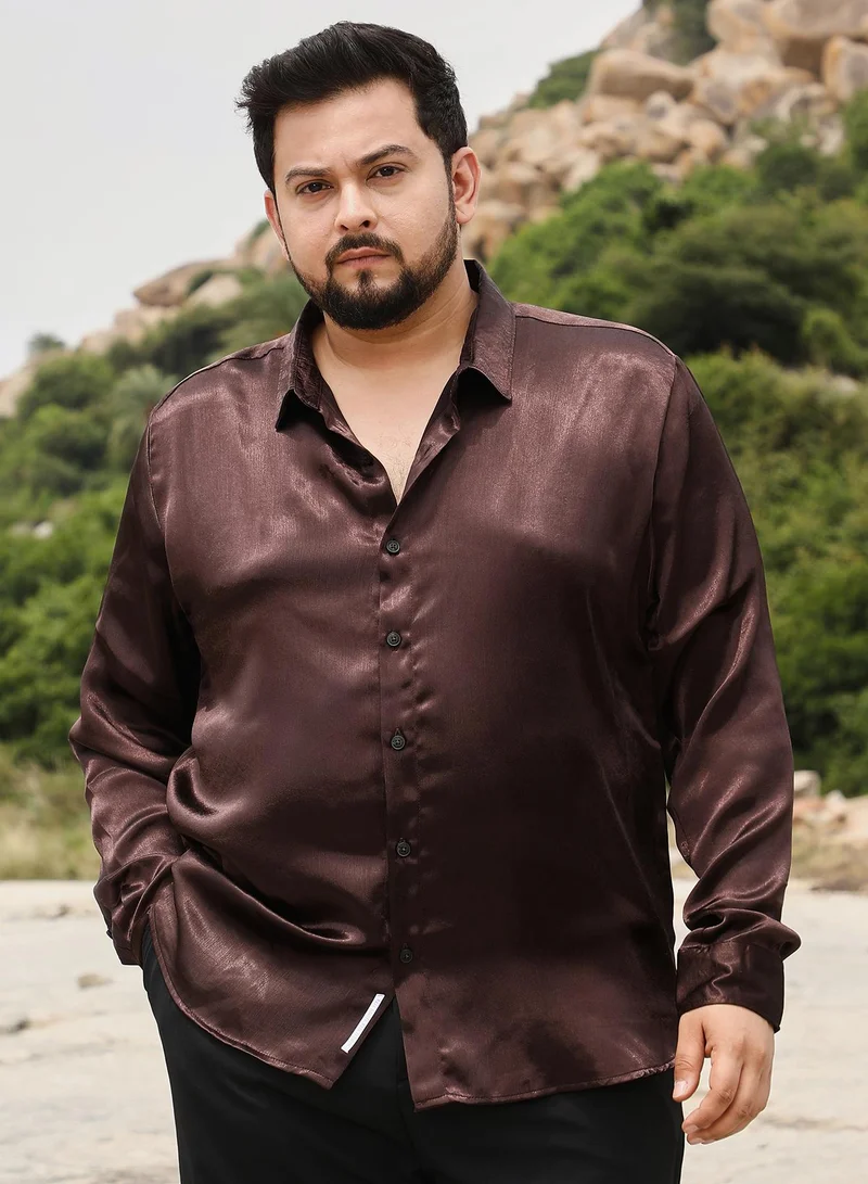 انستافاب بلس Instafab Men's Coffee Brown Gleaming Crushed-Satin Shirt | Spread Collar , Long Cuffed Sleeves , Button Closure | Solid Crushed Satin | Satin Shirt For Party Wear