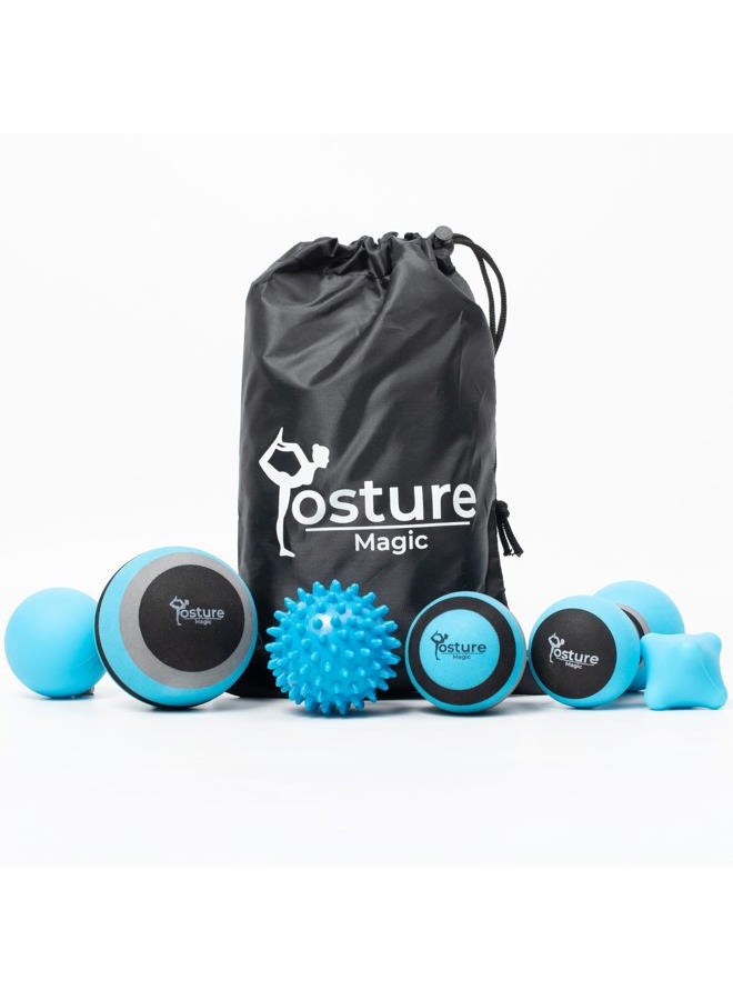 Posture Magic Massage Ball Set for Myofascial Trigger Point Release & Deep Tissue Massage - Set of 6 - Large Foam/Small Foam/Lacrosse/Peanut/Spiky/Hand Exercise Ball (Blue) - Image 1