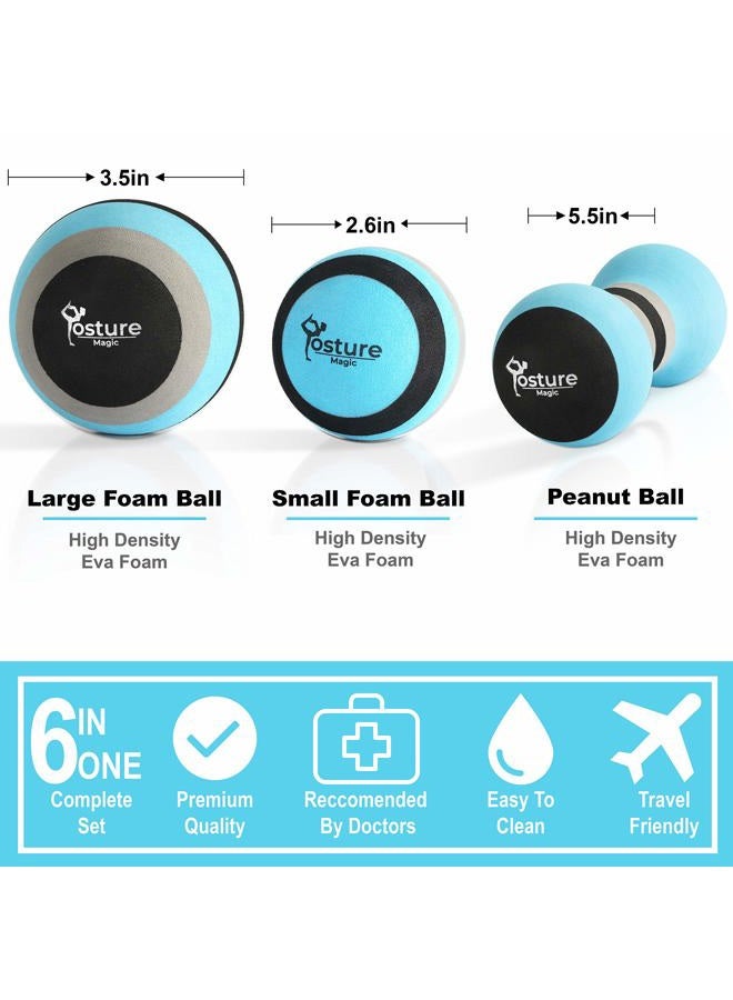 Posture Magic Massage Ball Set for Myofascial Trigger Point Release & Deep Tissue Massage - Set of 6 - Large Foam/Small Foam/Lacrosse/Peanut/Spiky/Hand Exercise Ball (Blue) - Image 2
