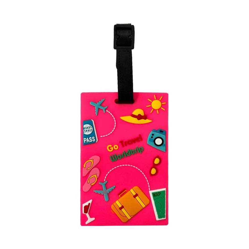 Eitheo بطاقات أمتعة للأطفال بطاقات أمتعة مع اسم وعنوان | بطاقات أمتعة سيليكون للحقائب، بطاقات لتحديد الحقائب/حقائب المدرسة ملصق ملون متعدد (اذهب مسافرًا وردي) - Image 1