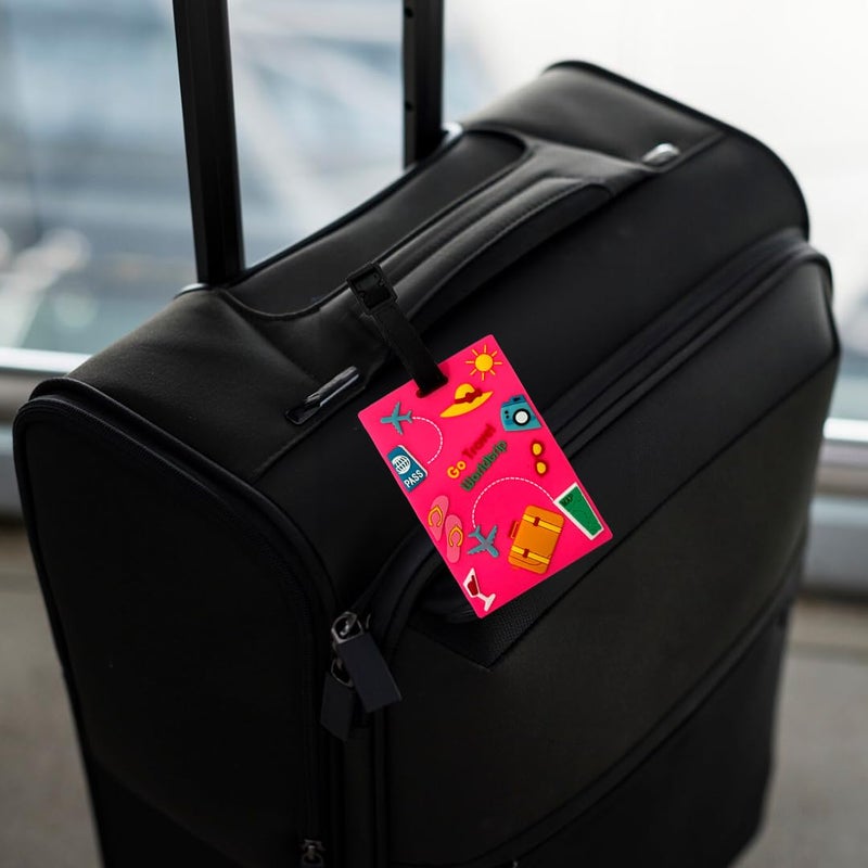 Eitheo بطاقات أمتعة للأطفال بطاقات أمتعة مع اسم وعنوان | بطاقات أمتعة سيليكون للحقائب، بطاقات لتحديد الحقائب/حقائب المدرسة ملصق ملون متعدد (اذهب مسافرًا وردي) - Image 2