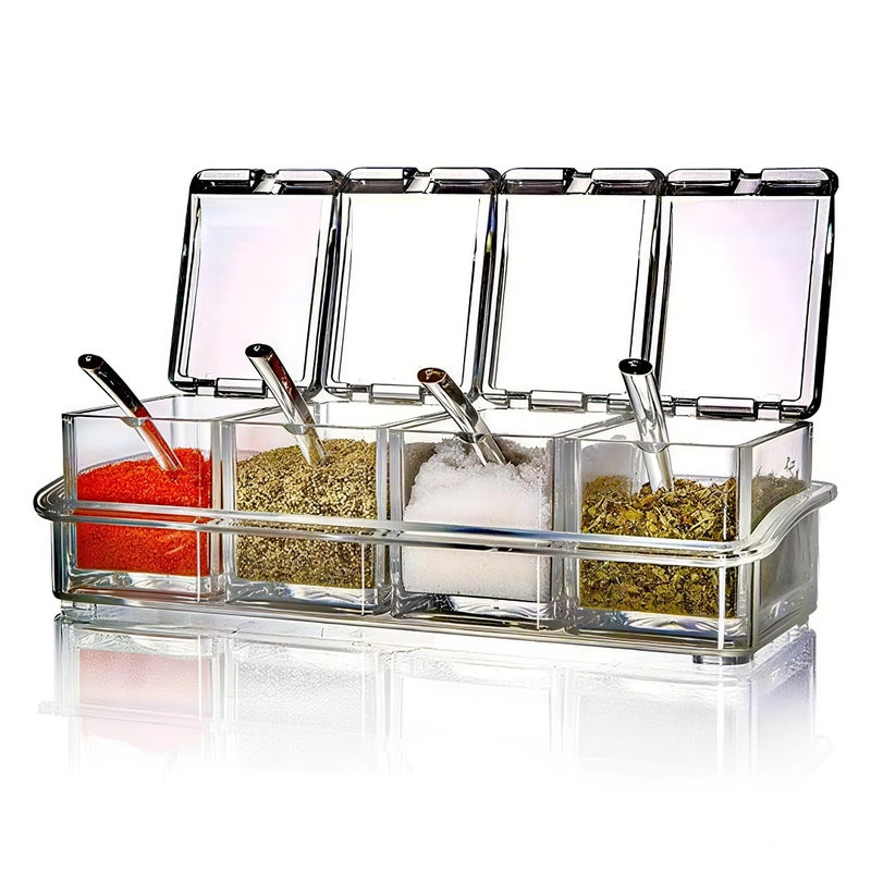 EOREA 4-Piece Condiment Containers with Lids - Salt Container with Lid, Acrylic Spice Containers, Salt and Sugar Containers for Countertop - Clear Seasoning Box with Spoons - Ideal for Spice, Salt,Pepper - Image 1