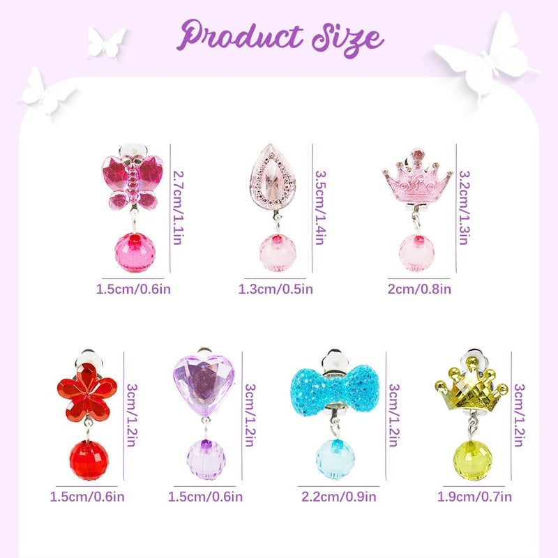 May Create ® 7 Pairs Earinging for Girls Stylish Clip On Earrings for Non Pierced Ears Kids Earrings for Girls Color Resin Crystal Earrings Jewelry Pretend Play Party Favor Dressing Up Jewelry - Image 2