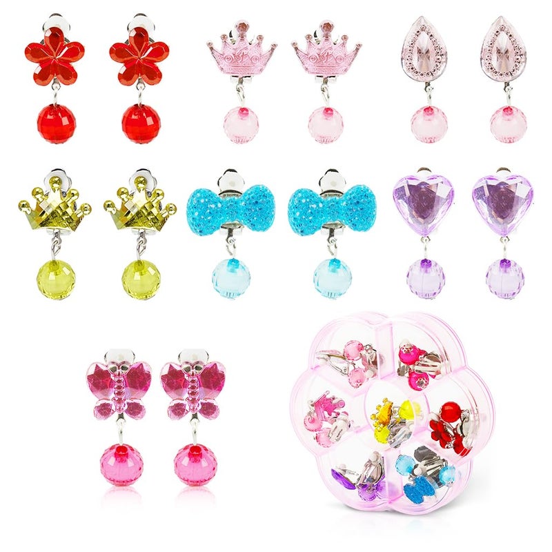May Create ® 7 Pairs Earinging for Girls Stylish Clip On Earrings for Non Pierced Ears Kids Earrings for Girls Color Resin Crystal Earrings Jewelry Pretend Play Party Favor Dressing Up Jewelry - Image 1