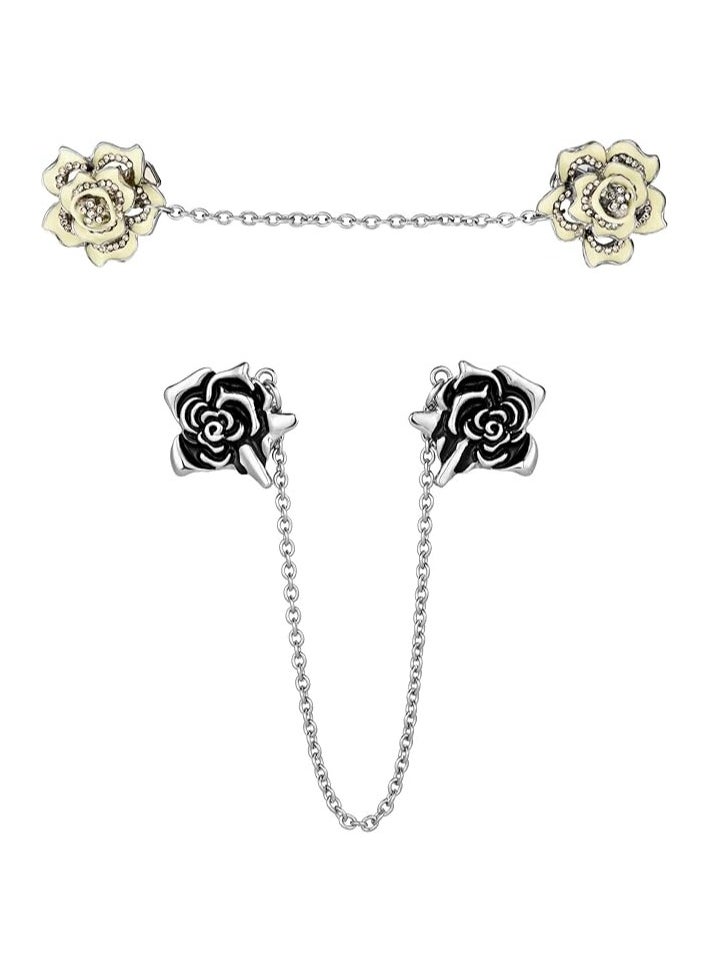 ILovhaprty 2 Pcs Rose Sweater Shawl Clips Cardigan Dresses Clip Flowers Collar Clip with Chain for Women Girls (Style Set 2)  - Image 1