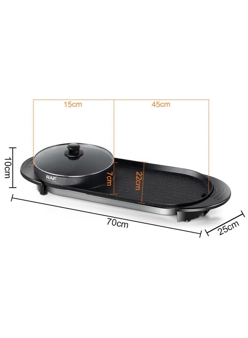 RAF 2 in 1 Multifunctional Smokeless Non-stick Layer Electric BBQ Grill Baking Pan& Double Hot Pot - Image 3