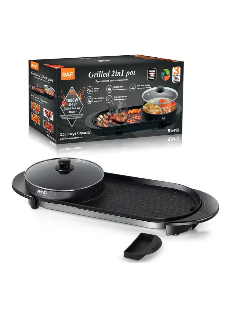 RAF 2 in 1 Multifunctional Smokeless Non-stick Layer Electric BBQ Grill Baking Pan& Double Hot Pot - Image 1