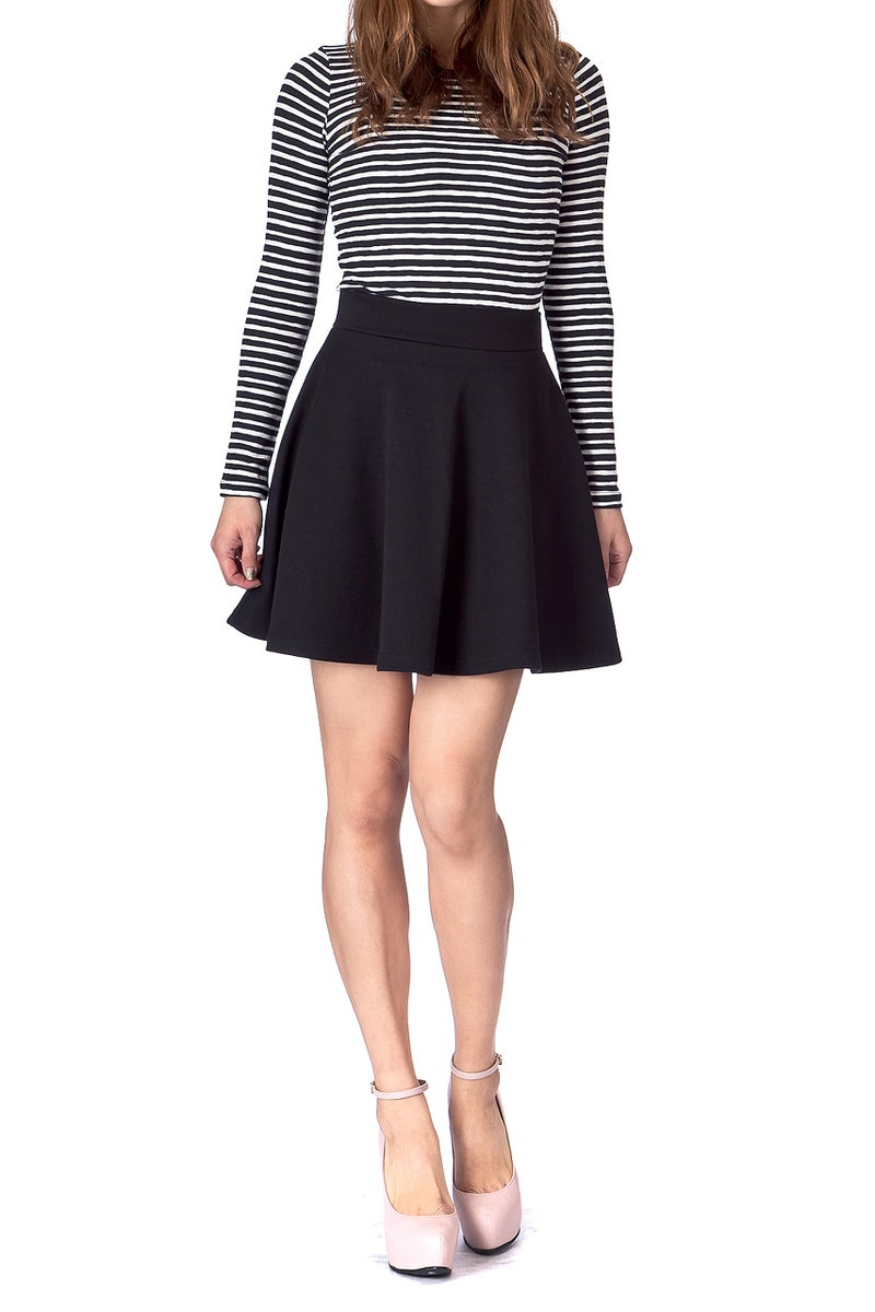 Dani's Choice Basic Solid Stretchy Cotton High Waist A-line Flared Casual Skater Mini Skirt (XL, Black) - Image 2