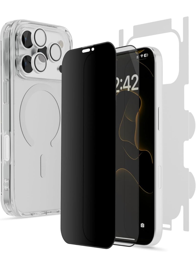 بورودو حزمة حماية 5 في 1 لهاتف آيفون 17 برو ماكس مع واقي شاشة للخصوصية، واقي لعدسة الكاميرا، حافظة MagSafe شفافة، واقي شاشة HD شفاف، واقي خلفي، مقاوم للخدش وبصمات الأصابع، درع خصوصية متقدم، ومقاومة للصدمات. - Image 1