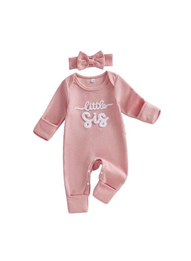 allshope Infant Baby Girl Fall Outfit Sweatshirt Romper Little Sister Lil Sis Long Sleeve Jumpsuit Onesie Newborn Clothes, Waffle Little Sis Pink, New Born - Image 1