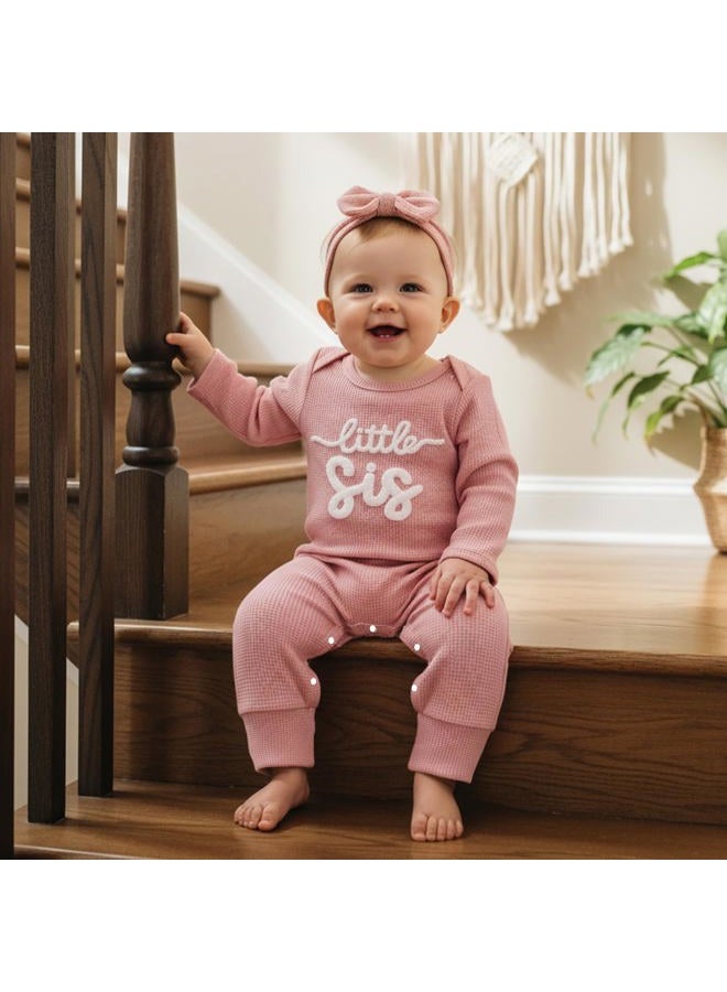 allshope Infant Baby Girl Fall Outfit Sweatshirt Romper Little Sister Lil Sis Long Sleeve Jumpsuit Onesie Newborn Clothes, Waffle Little Sis Pink, New Born - Image 2