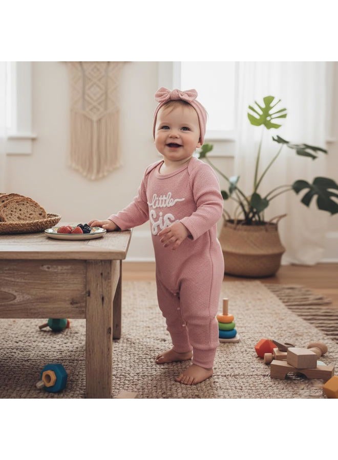 allshope Infant Baby Girl Fall Outfit Sweatshirt Romper Little Sister Lil Sis Long Sleeve Jumpsuit Onesie Newborn Clothes, Waffle Little Sis Pink, New Born - Image 4