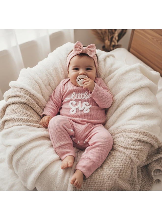 allshope Infant Baby Girl Fall Outfit Sweatshirt Romper Little Sister Lil Sis Long Sleeve Jumpsuit Onesie Newborn Clothes, Waffle Little Sis Pink, New Born - Image 5