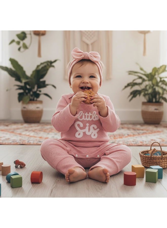 allshope Infant Baby Girl Fall Outfit Sweatshirt Romper Little Sister Lil Sis Long Sleeve Jumpsuit Onesie Newborn Clothes, Waffle Little Sis Pink, New Born - Image 3