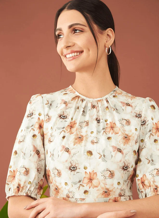 Salt Attire SALT ATTIRE Round Neck Floral Print A-Line Dress