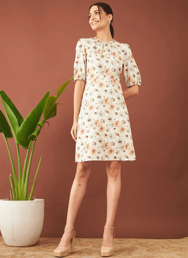 Salt Attire SALT ATTIRE Round Neck Floral Print A-Line Dress
