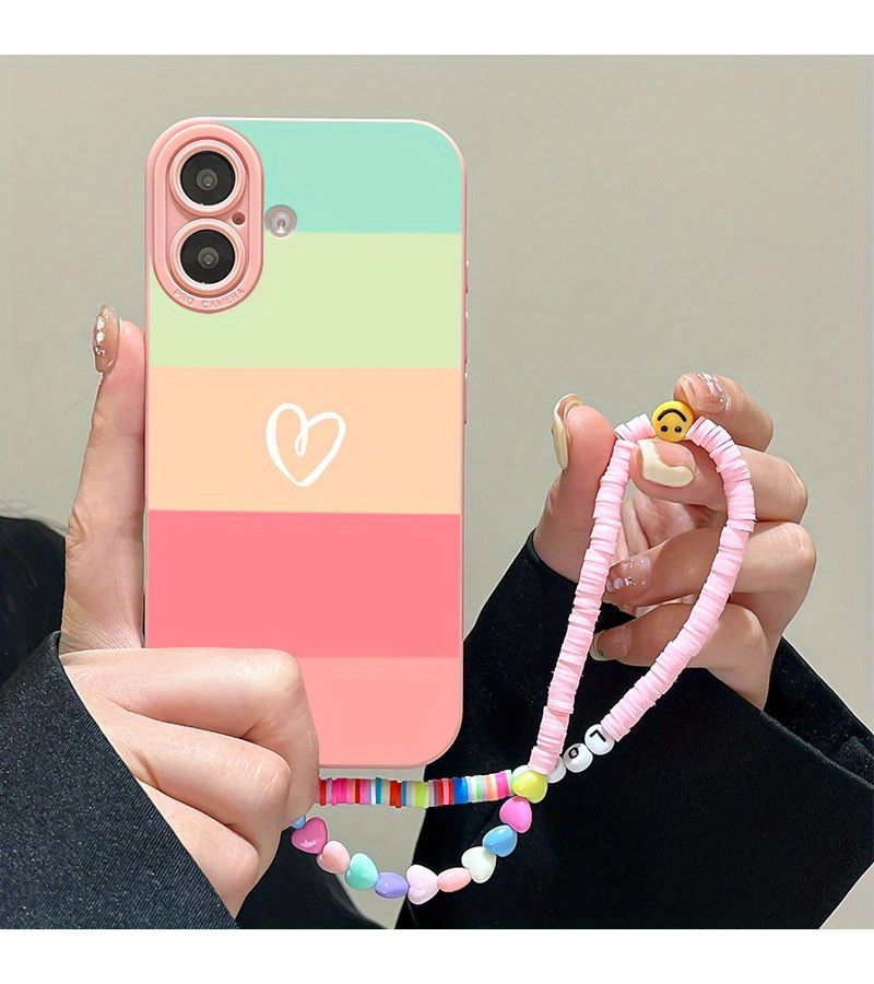 Pink Colorful Stripe Phone Case for iPhone 16 Shockproof Full Coverage With Lanyard - Image 3