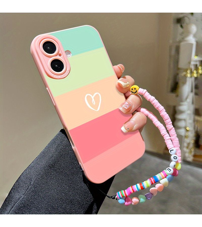 Pink Colorful Stripe Phone Case for iPhone 16 Shockproof Full Coverage With Lanyard - Image 1