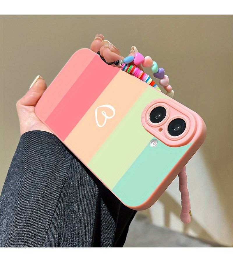 Pink Colorful Stripe Phone Case for iPhone 16 Shockproof Full Coverage With Lanyard - Image 4