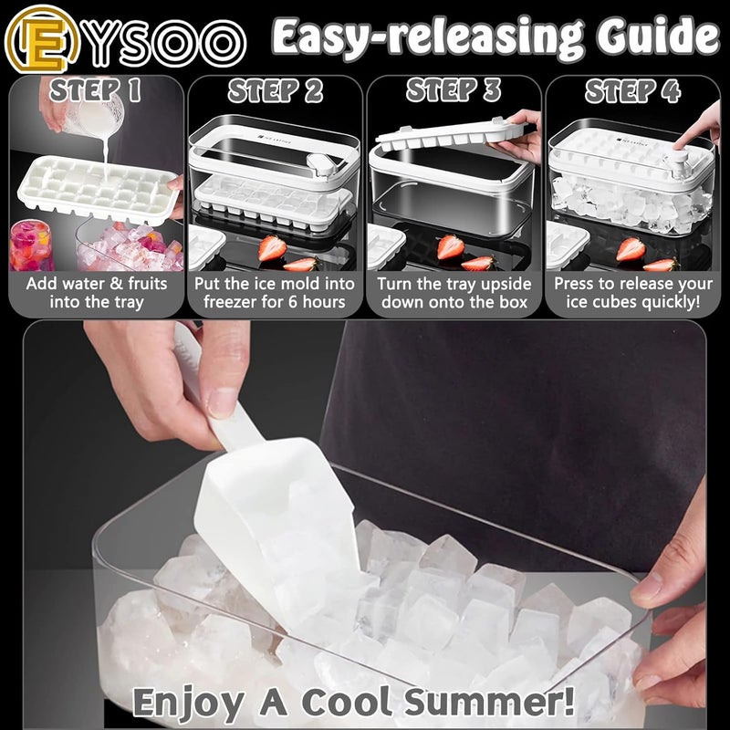 EYSOO Ice Cube Tray 64 Grids Ice Tray with Lid Easy-release Ice Cube Molds Ice Cube Trays for Freezer BPA Free Pressing Ice Cube Maker Ice Maker Tray with Bin for Beverage Coffee Fruit Yogurt (White) - Image 3