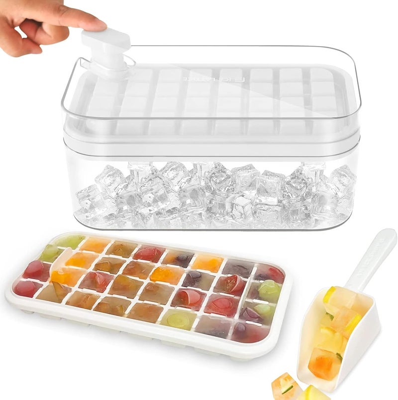 EYSOO Ice Cube Tray 64 Grids Ice Tray with Lid Easy-release Ice Cube Molds Ice Cube Trays for Freezer BPA Free Pressing Ice Cube Maker Ice Maker Tray with Bin for Beverage Coffee Fruit Yogurt (White) - Image 1