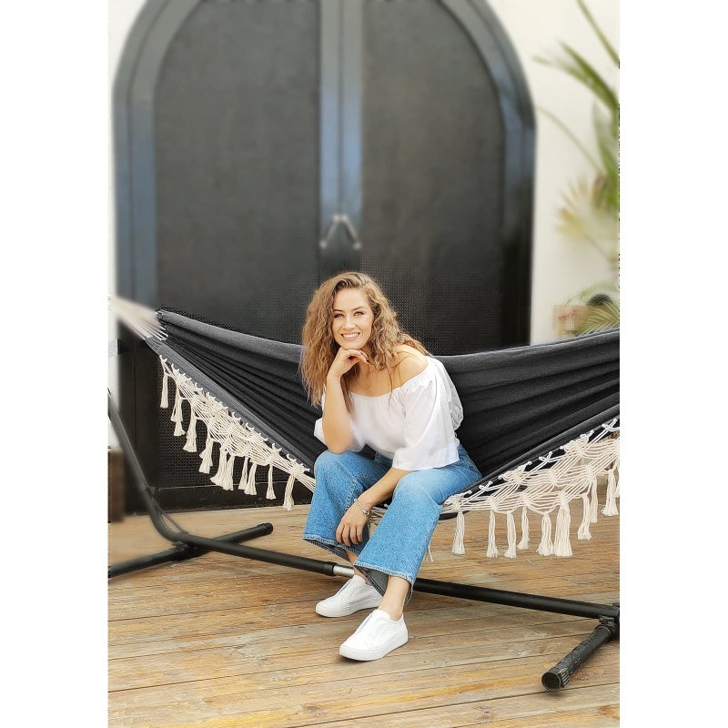 Anyoo Cotton Hammock - Comfortable & Elegant Deluxe Hammock with Tassels - Supports Up to 450lbs - Portable with Travel Bag for Porch, Patio, Yard, Bedroom & Outdoor/Indoor - Image 2