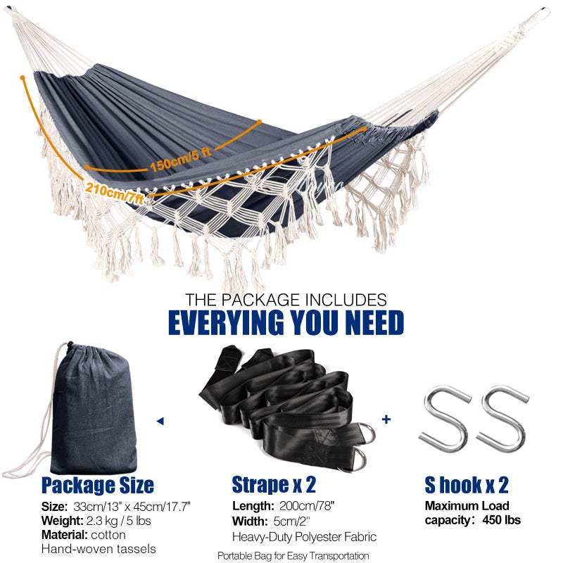 Anyoo Cotton Hammock - Comfortable & Elegant Deluxe Hammock with Tassels - Supports Up to 450lbs - Portable with Travel Bag for Porch, Patio, Yard, Bedroom & Outdoor/Indoor - Image 3