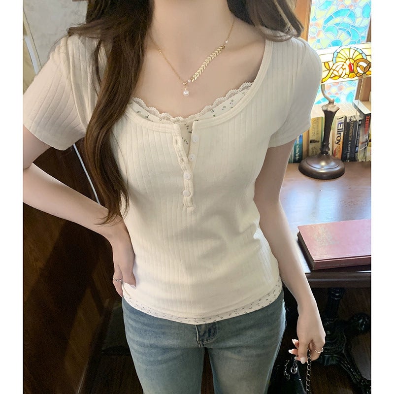 Pure Desire Style Floral Lace Age-Reducing Short-Sleeved T-Shirt Women'S Summer Slim-Fit Slimming Inner Base Top - Image 5