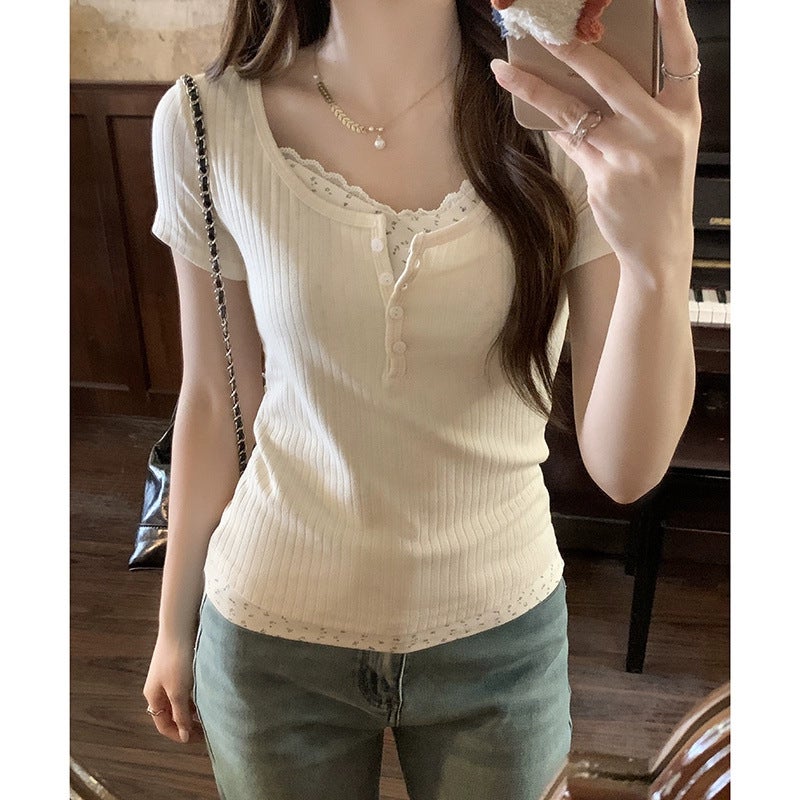 Pure Desire Style Floral Lace Age-Reducing Short-Sleeved T-Shirt Women'S Summer Slim-Fit Slimming Inner Base Top - Image 2